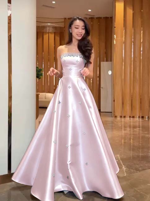 Cocoslly Strapless Sleeveless High Waist Long A Line Prom Dress With Rhinstone | Navy Blue Satin JZ0146