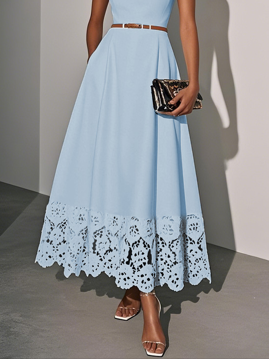 Light Blue Lace Classic Square Neck Sleeveless A-Line Maxi Dress