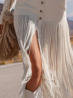Chic Western-style White Faux-suede Fringe Long-sleeve Midi Dress