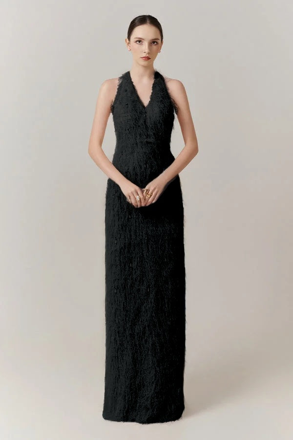 Cocoslly Halter Sleeveless High Waist Long Prom Dress With Tassel | Blushing Pink Feather JZ0095
