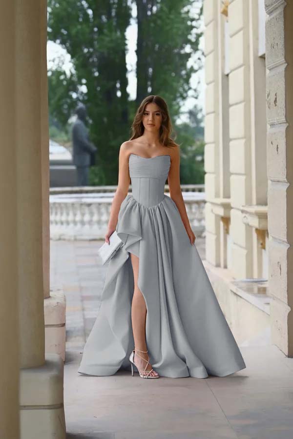 Pink Strapless Sleeveless A Line Long Split Prom Dress With Pleated ED0263