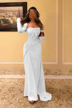 Satin And Lace Sweetheart Strapless Long Sleeves Long Pleated Mermaid Prom Dress With Bow JQ0316