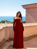 Chiffon Strapless Sleeveless Long Pleated A-Line Prom Dress With Bows And Gloves YK0680