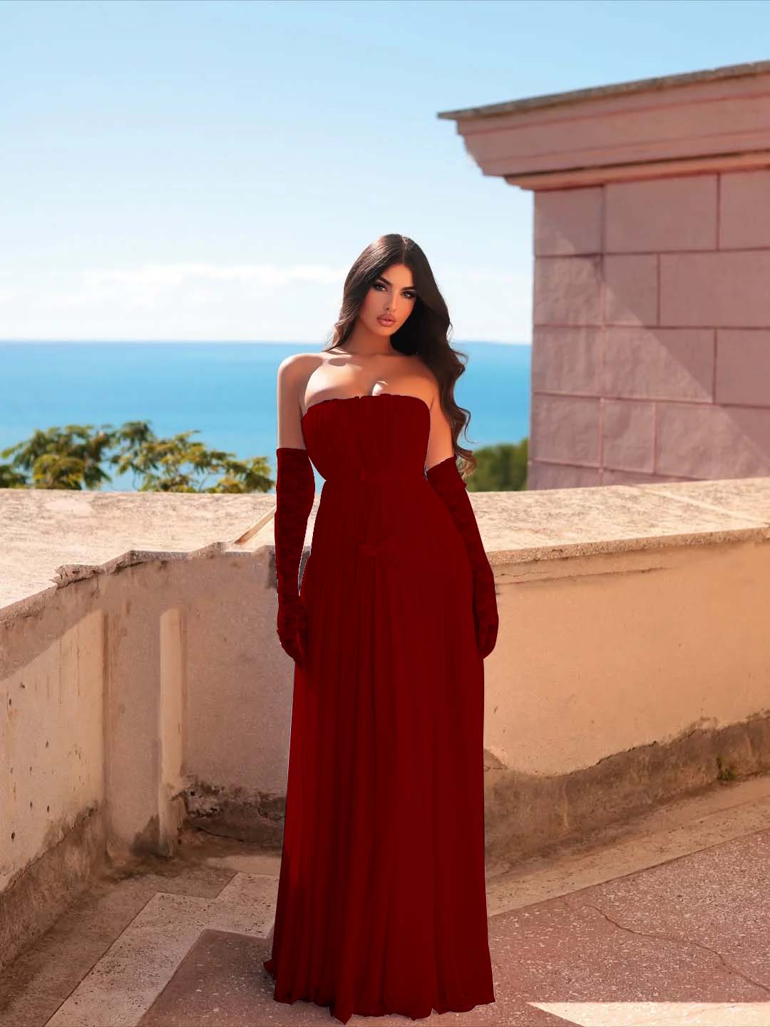 Chiffon Strapless Sleeveless Long Pleated A-Line Prom Dress With Bows And Gloves YK0680