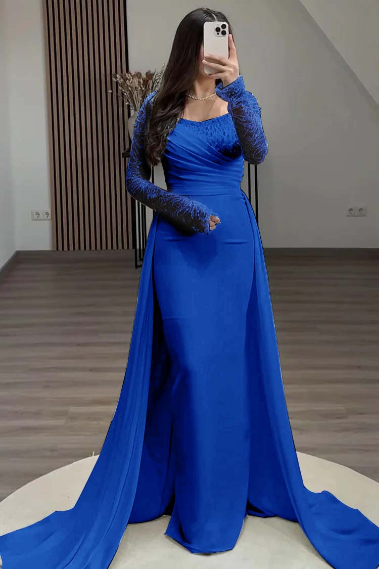 Square Neck Long Sleeves High Waist Long Pleated Mermaid Prom Dress With Beadings And Ruffles YS0057