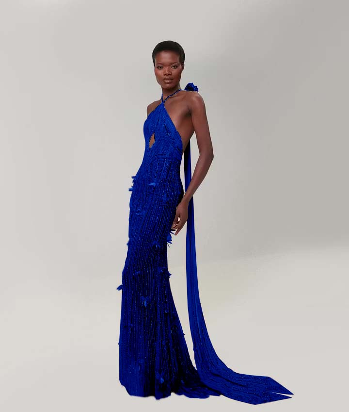 Cocoslly Halter Sleeveless High Waist Long Mermaid Prom Dress With Sequins | Nude Champage Chiffon YK1282