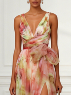 Pink Floral Bow Tulle V Neck Sleeveless A-Line Floor-length Gown Dress