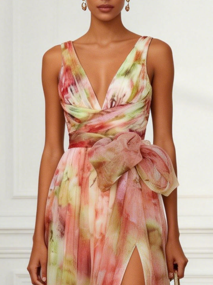 Pink Floral Bow Tulle V Neck Sleeveless A-Line Floor-length Gown Dress
