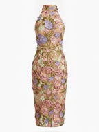 Khaki 3D Floral Classic Halter Neck Sleeveless Sheath Midi Dress
