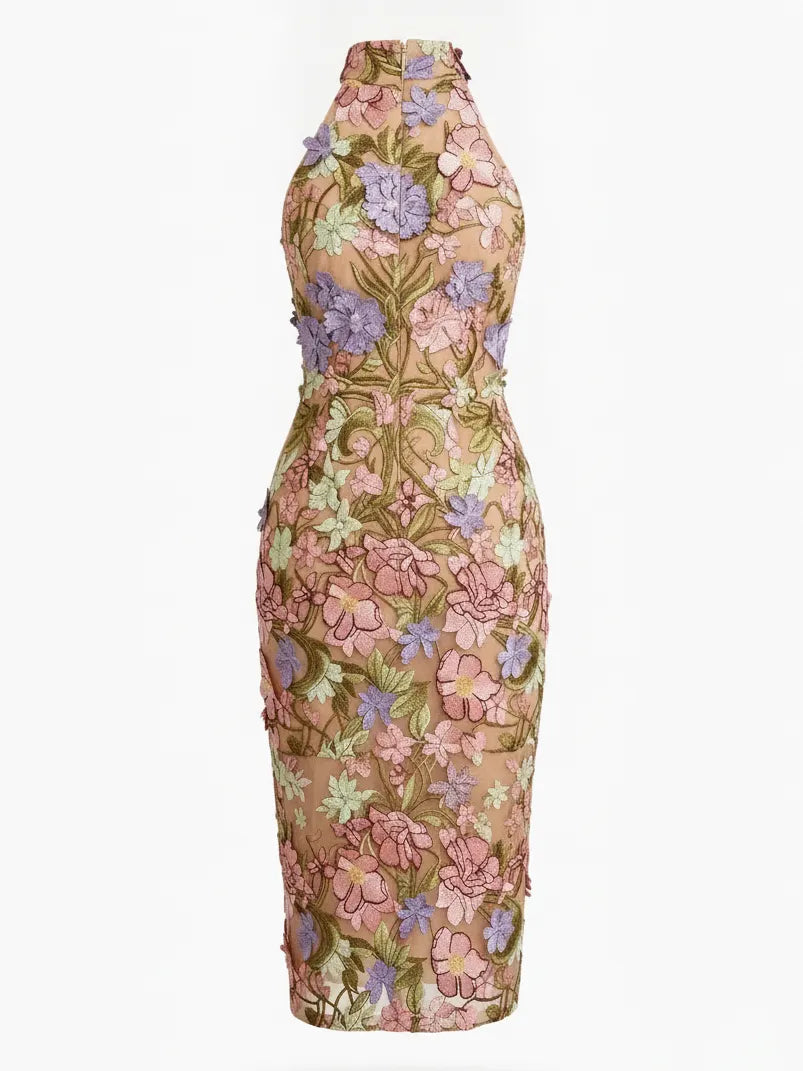 Khaki 3D Floral Classic Halter Neck Sleeveless Sheath Midi Dress