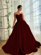 Satin V-Neck Strapless Sleeveless Long A-Line Prom Dress With Split And Pleated YK0614
