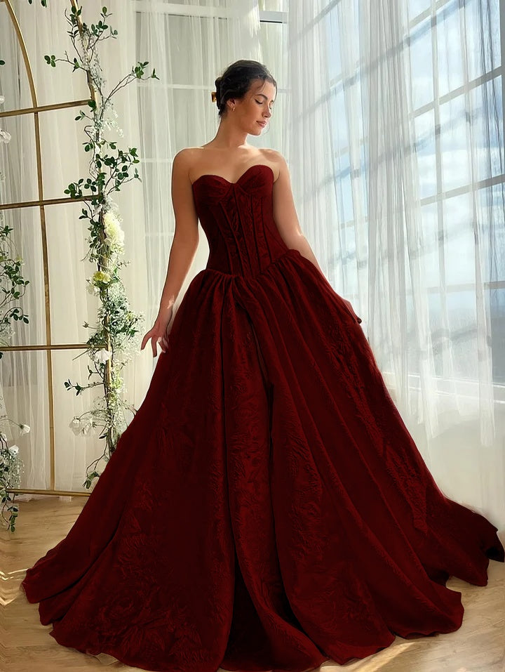 Satin V-Neck Strapless Sleeveless Long A-Line Prom Dress With Split And Pleated YK0614