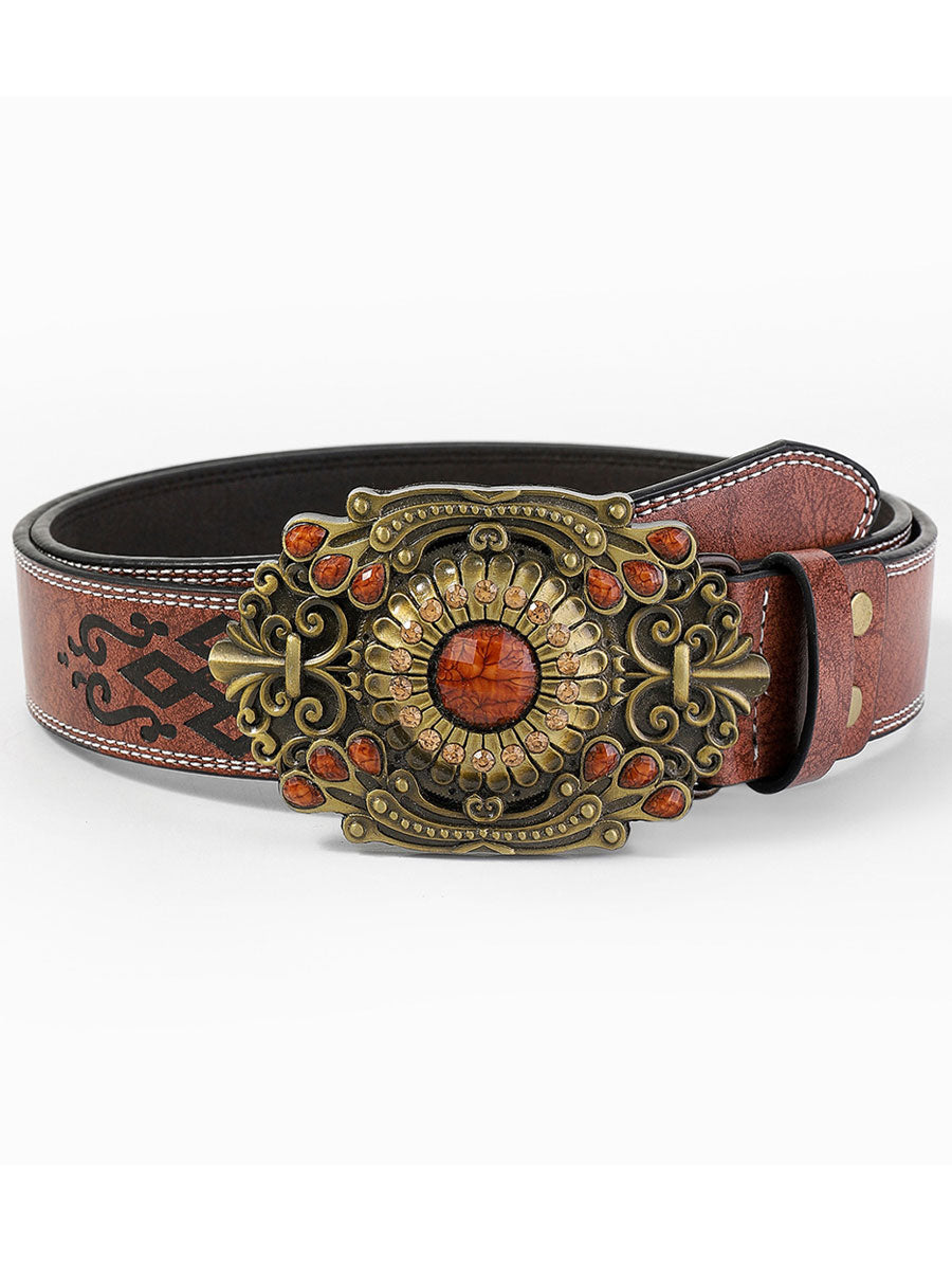 Casual Vintage Gem Flower Decorated PU Leather Belt