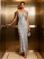 Silver Tassel Sequin V Neck Sleeveless Mermaid Maxi Dress