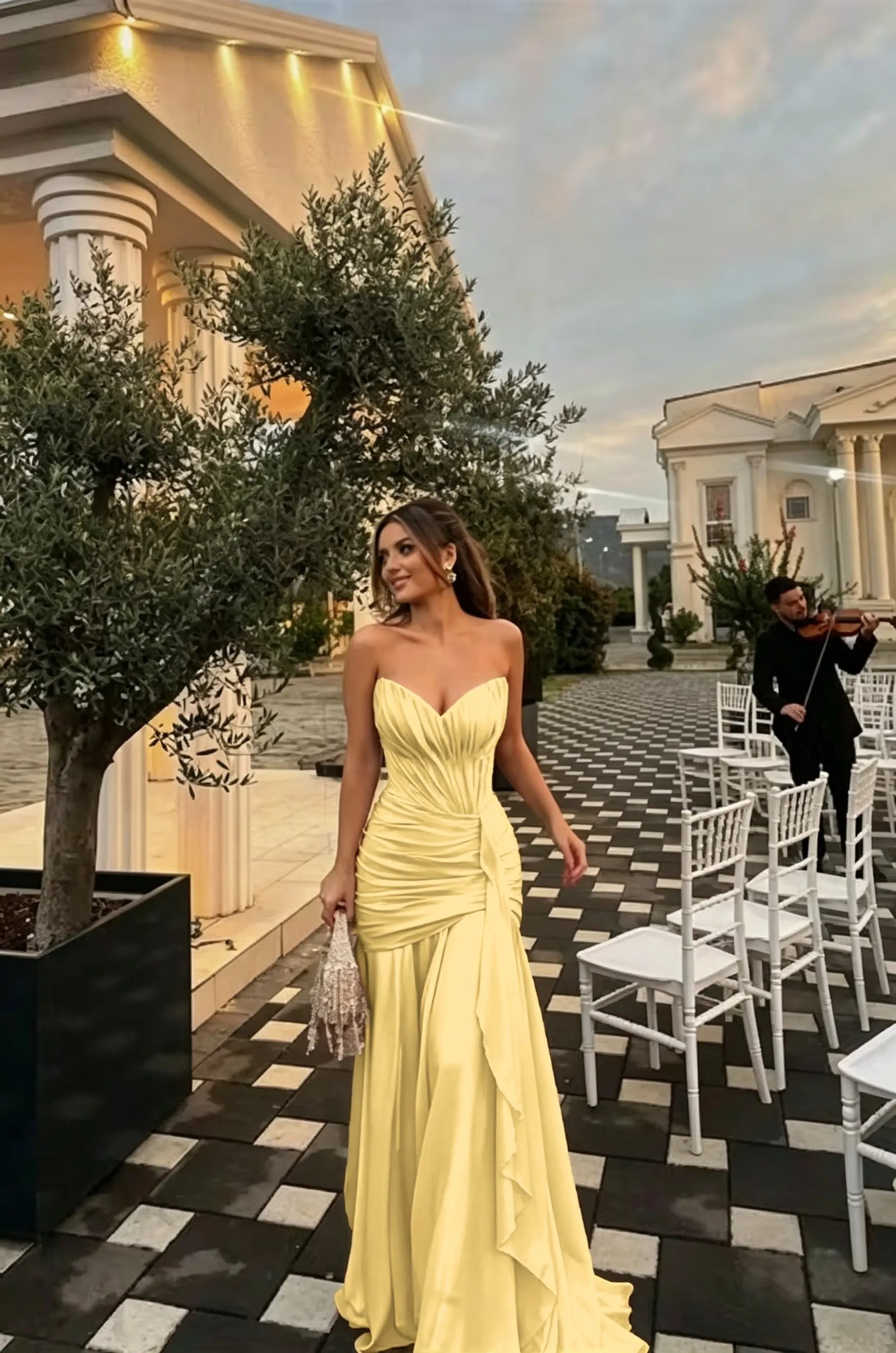 Cocoslly Strapless Sleeveless High Waist Long Prom Dress With Ruffles And Pleated | Dusty Sage Chiffon LR0540