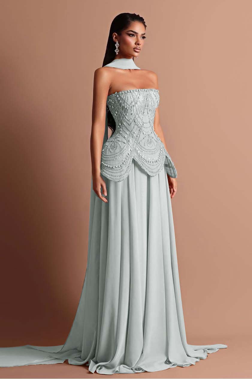Strapless Sleeveless Long Prom Dress With Beading Pleated Wrap WQ0084