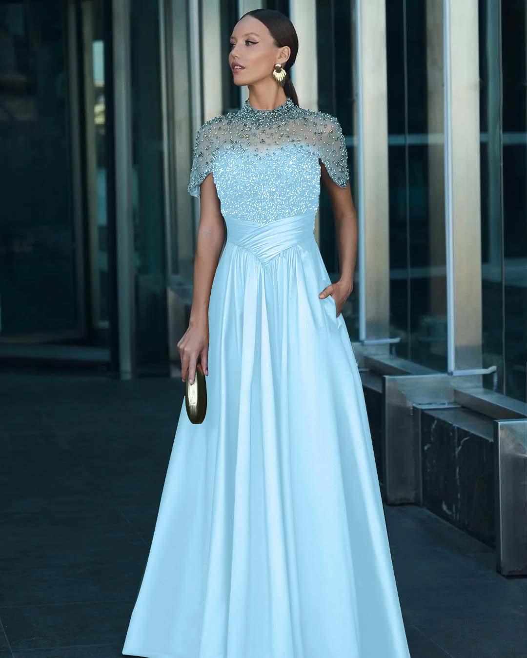 Tulle And Satin High-Neck Short Sleeves Long A-Line Pleated Prom Dress With Pockets And Beadings YK0542