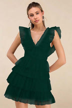 Cocoslly V-Neck Wide Straps Sleeveless Short A-Line Pleated Prom Dress With Ruffles | Black Tulle ZA0212