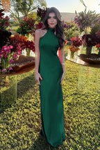 Cocoslly High Neck Sleeveless High Waist Long Mermaid Prom Dress | Fuchsia Satin XJ0757