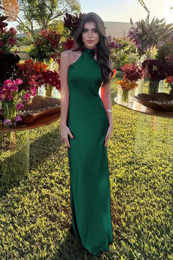 Cocoslly High Neck Sleeveless High Waist Long Mermaid Prom Dress | Fuchsia Satin XJ0757