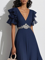 Purplish blue Pleated Rhinestone Chiffon V Neck Short Sleeve Ruffle Sleeve A-Line Maxi Mother of the Bride or Groom Dress