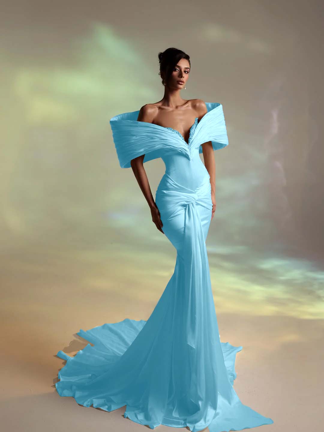 Deep V-Neck Strapless Long Pleated Mermaid Prom Dress With Ruffles And Beadings YK0707
