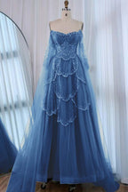 Tulle Strapless Sleeveless High Waist Long A-Line Prom Dress With Beadings And Ruffles WQ0557