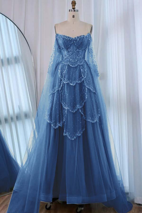 Tulle Strapless Sleeveless High Waist Long A-Line Prom Dress With Beadings And Ruffles WQ0557