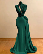 Cocoslly High Neck Sleeveless High Waist Long Mermaid Prom Dress With Sequins | Green Satin ZC0388