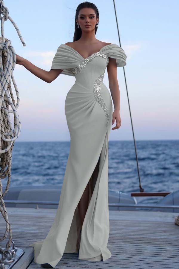 Cocoslly Off-The-Shoulder Beaded Split Long Prom Dress With Sequins Acrylic Rhinestones | Sky Blue Satin ZT0483