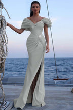Cocoslly Off-The-Shoulder Beaded Split Long Prom Dress With Sequins Acrylic Rhinestones | Sky Blue Satin ZT0483