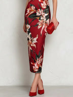 Red Floral Satin Square Neck Sleeveless Sheath Midi Dress
