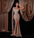 V-Neck One Shoulder Single Sleeve Long Mermaid Prom Dress With Beadings And High Split YK0627