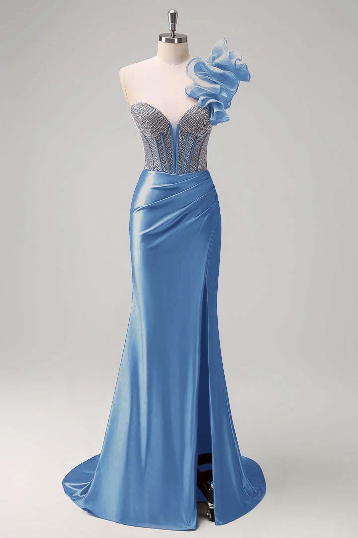 Satin V-Neck Strapless Sleeveless Long Pleated Mermaid Prom Dress With Rhinstone And High Split YK0320