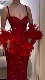 Cocoslly Spaghetti Straps Sleeveless Long Pleated Mermaid Prom Dress With Feathers | Red Sequins CO0137