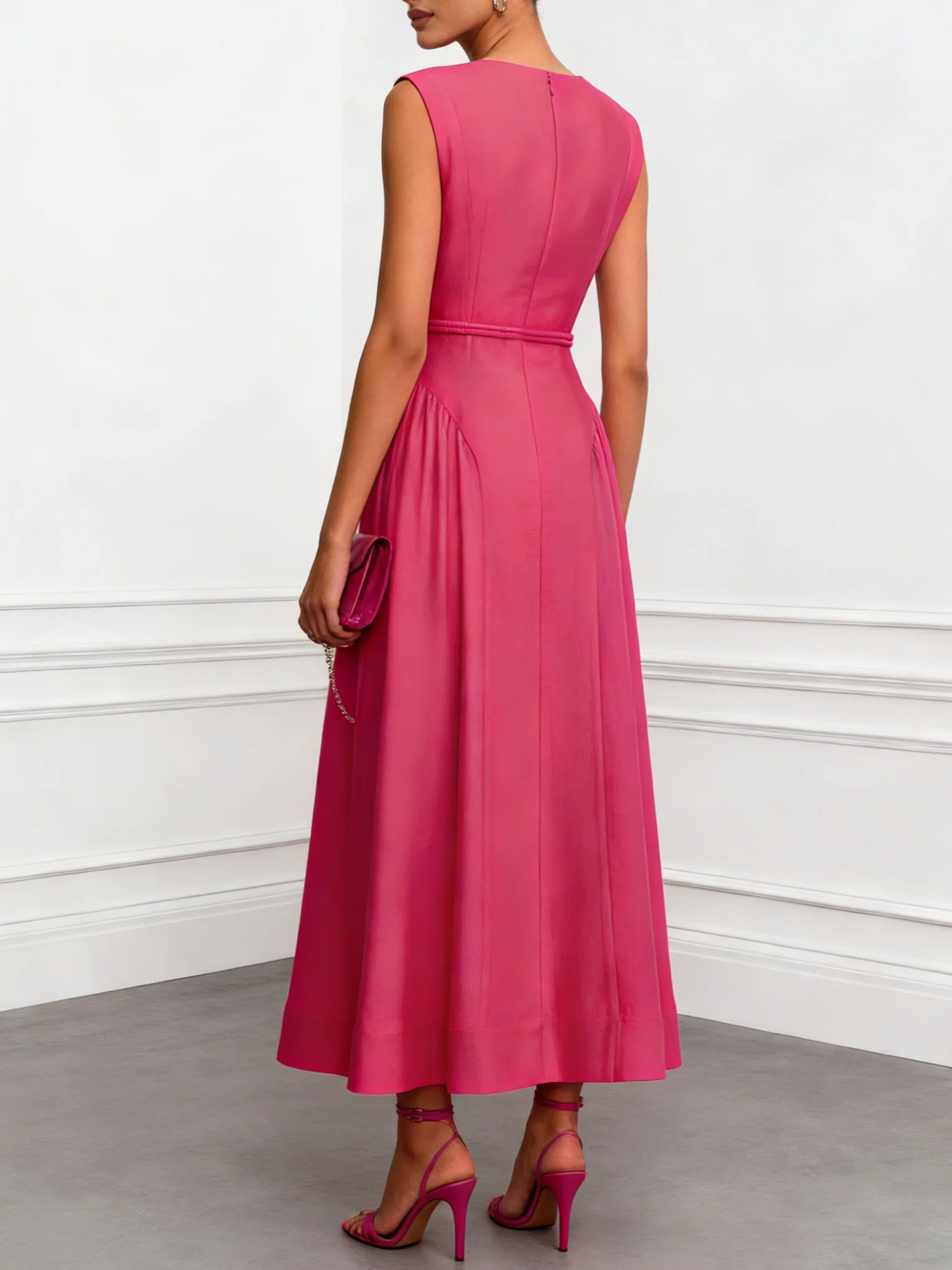 Rose Red Classic Notched Sleeveless A-Line Maxi Dress