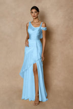 Cocoslly Wide Straps Sleeveless High Waist Long Prom Dress With Split And Ruffles | Glod Chiffon