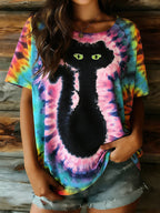 Women's Hippie Abstract Cat Tie-dye Pattern Casual T-shirt