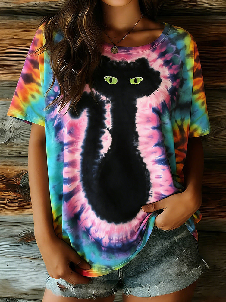 Women's Hippie Abstract Cat Tie-dye Pattern Casual T-shirt