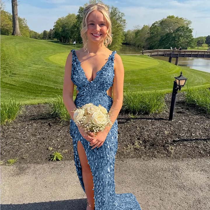 Cocoslly Straps V-Neck Sleeveless High Waist Long Prom Dress With Split | Champage Glod Sequins ZT0893