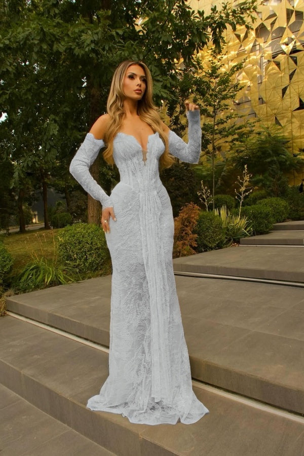 Cocoslly Strapless Sleeveless High Waist Long Mermaid Prom Dress With Gloves | Glod Lace WQ0318