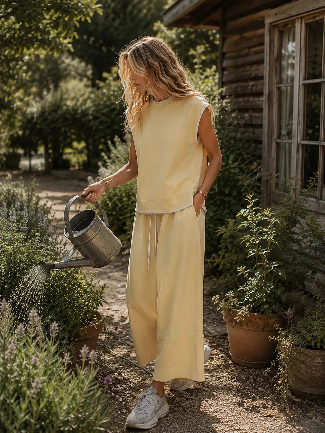 Retro-Casual Sports Light Yellow Cotton Crew-Neck Top And Cropped Pants Set