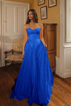Cocoslly Sweetheart Strapless Sleeveless High-Waisted Long A-Line Pleated Prom Dress | Ivory Chiffon ZA0311