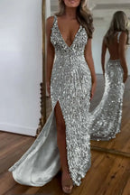 Cocoslly Spaghetti Straps V Neck Sleeveless High Neck Long Prom Dress with Split | Glod Champage  Sequins MS0489