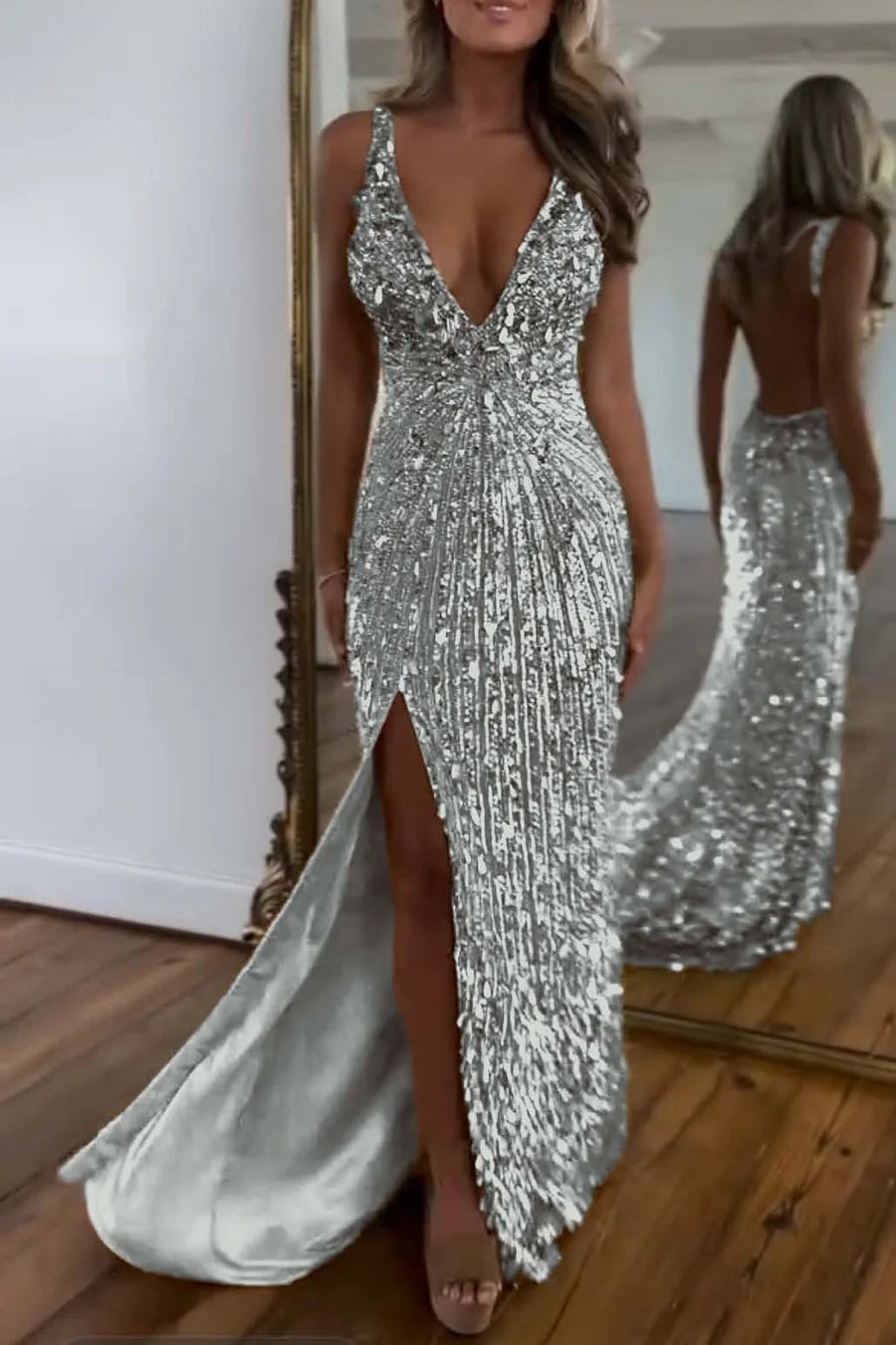 Cocoslly Spaghetti Straps V Neck Sleeveless High Neck Long Prom Dress with Split | Glod Champage  Sequins MS0489