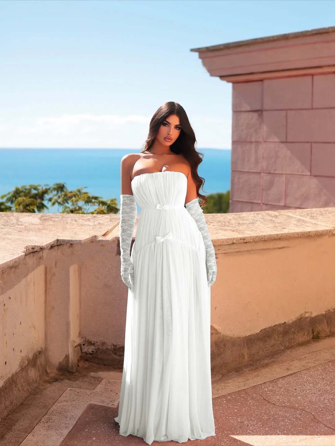 Chiffon Strapless Sleeveless Long Pleated A-Line Prom Dress With Bows And Gloves YK0680