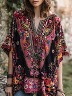 Women's Bohemian-style Floral With Nepal Art V-neck Shirt