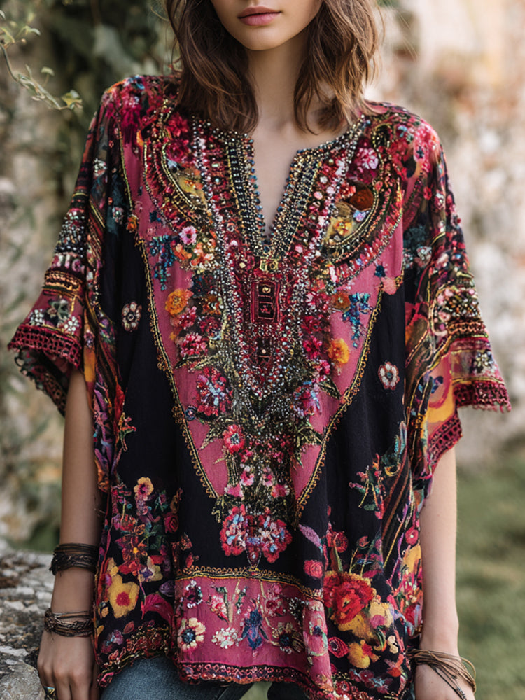 Women's Bohemian-style Floral With Nepal Art V-neck Shirt
