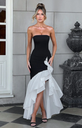 Cocoslly Strapless Sleeveless High Waist Long Prom Dress With Split And Ruffles | Black And White Satin CO0132