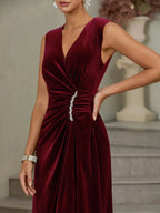 Wine Red Rhinestone Ruched Velvet V Neck Sleeveless A-Line Midi Dress